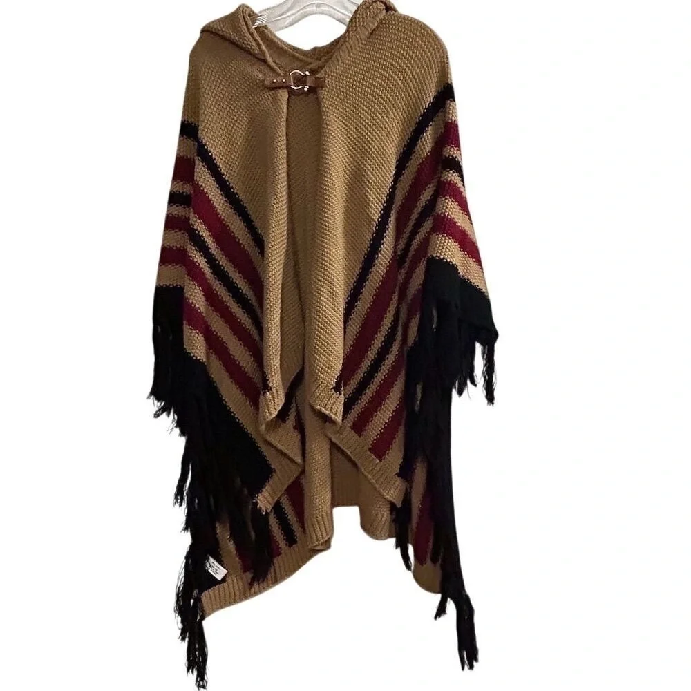 Women's Hooded Poncho Cape Brown Fringe Striped One Size‎